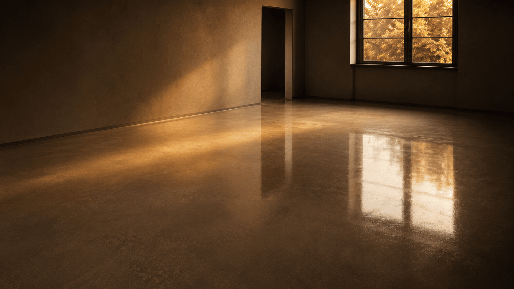 Mirror-polished concrete floor reflecting warm light